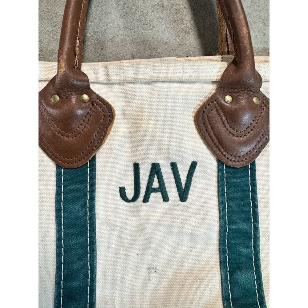 Vintage 80s LL Bean Boat Tote Canvas Bag Medium Green & White Made In USA - Picture 4 of 9